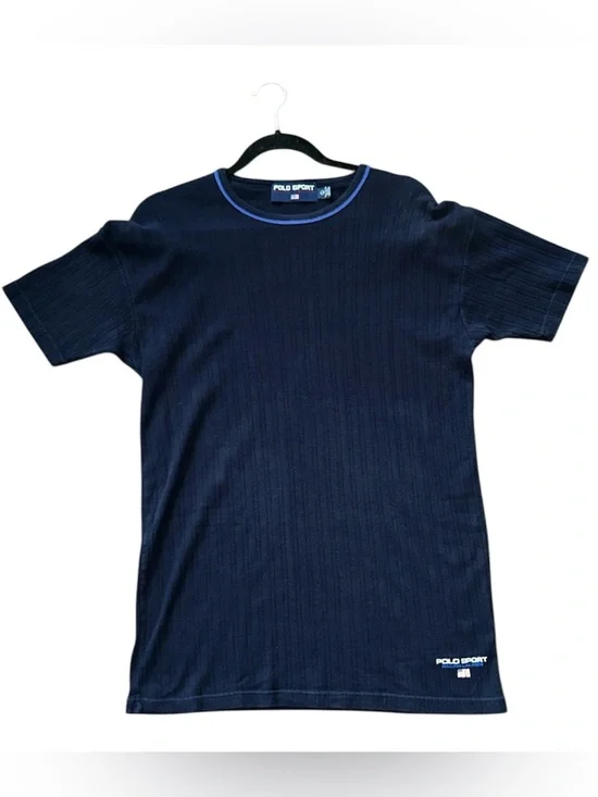 Vintage Polo Ralph Lauren Sport Top Ribbed Knit Crewneck 90s Blue Size L Cotton - Picture 2 of 8